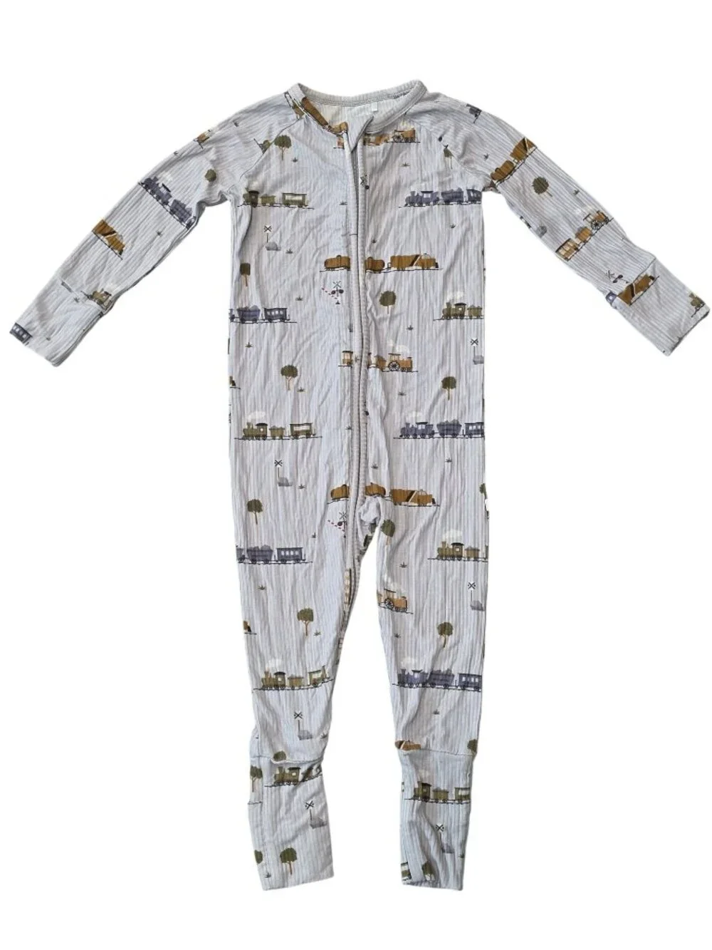Brave Little Ones Train Print Bamboo Baby Zip Pajamas 12-18M Soft flip feet